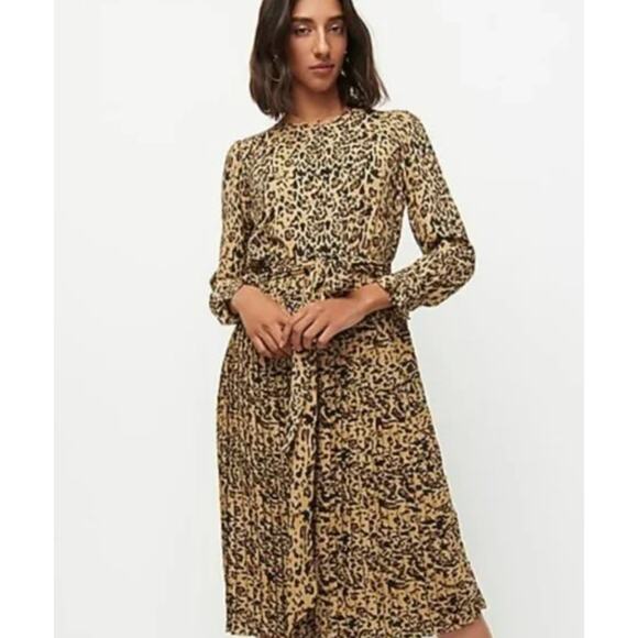 J CREW Tan Brown Leopard Patterned Pleated Midi Dress Women's Size 6 Belted Chic - Picture 7 of 7